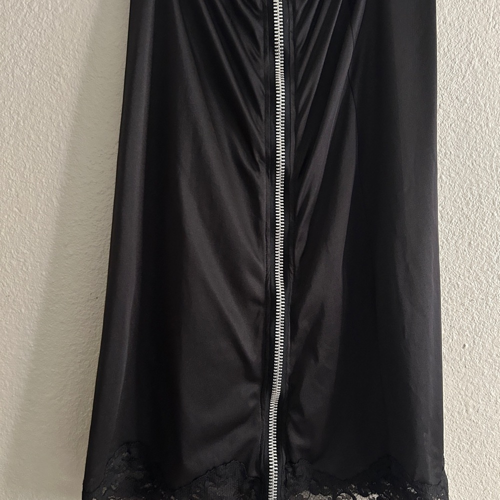 Black Lace-Trim Slip Skirt with Back Zip